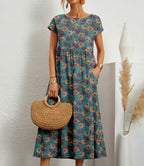 Hedvig | Women's Floral Round Neck Short Sleeve Tiered Midi Dress