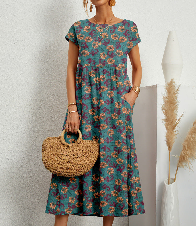 Hedvig | Women's Floral Round Neck Short Sleeve Tiered Midi Dress