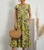 Hedvig | Women's Floral Round Neck Short Sleeve Tiered Midi Dress