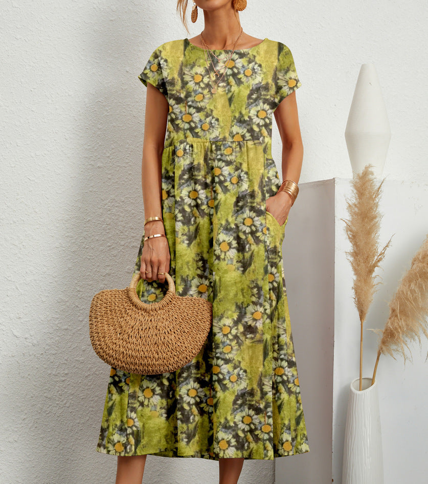 Hedvig | Women's Floral Round Neck Short Sleeve Tiered Midi Dress