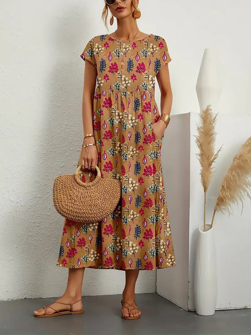 Hedvig | Women's Floral Round Neck Short Sleeve Tiered Midi Dress