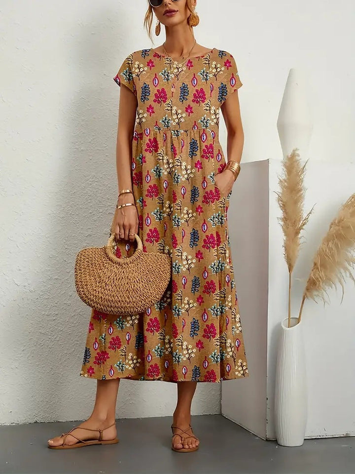 Hedvig | Women's Floral Round Neck Short Sleeve Tiered Midi Dress