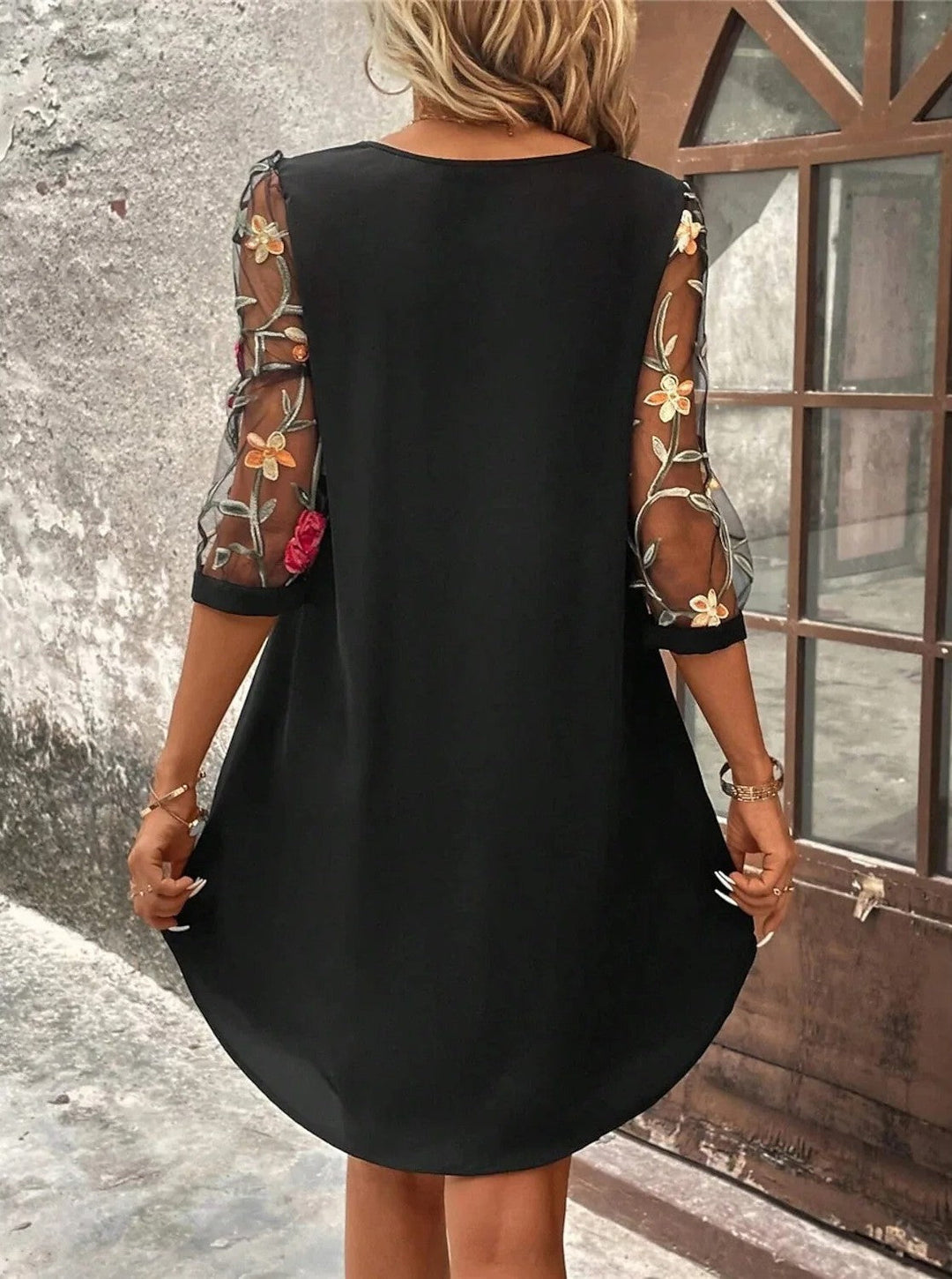 Edith | Women's Elegant Floral Mesh Sleeve Mini Dress