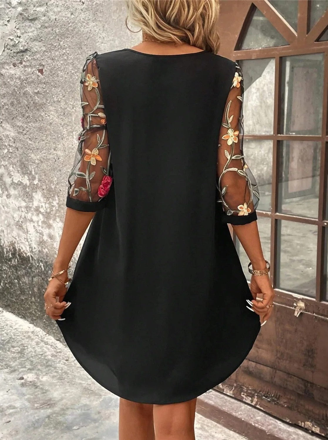 Edith | Women's Elegant Floral Mesh Sleeve Mini Dress
