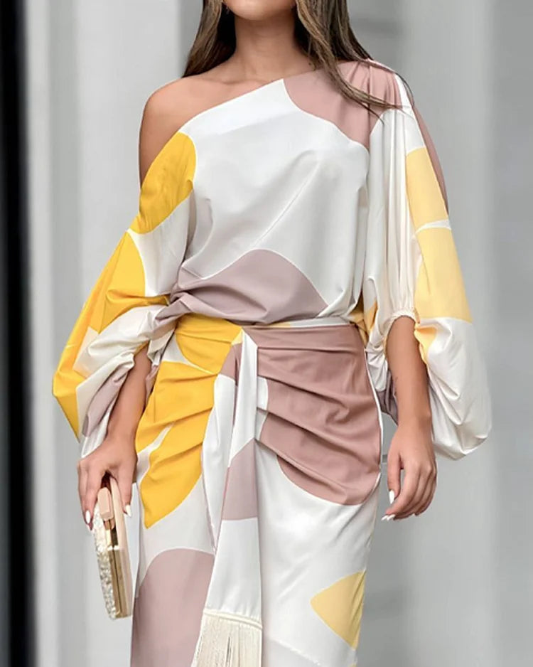 Maisie | Women's Abstract Print One Shoulder Wrap Midi Dress