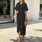 Hazel | Women's Tropical Print Shirt Collar Tie Waist Midi Dress