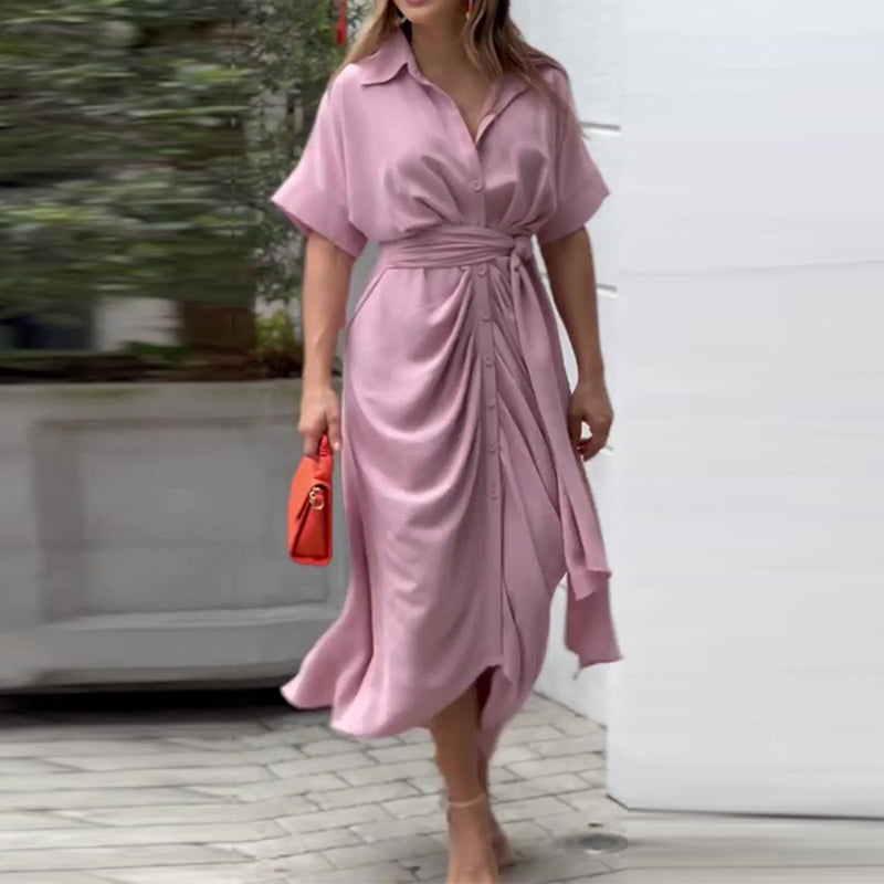 Hazel | Women's Tropical Print Shirt Collar Tie Waist Midi Dress