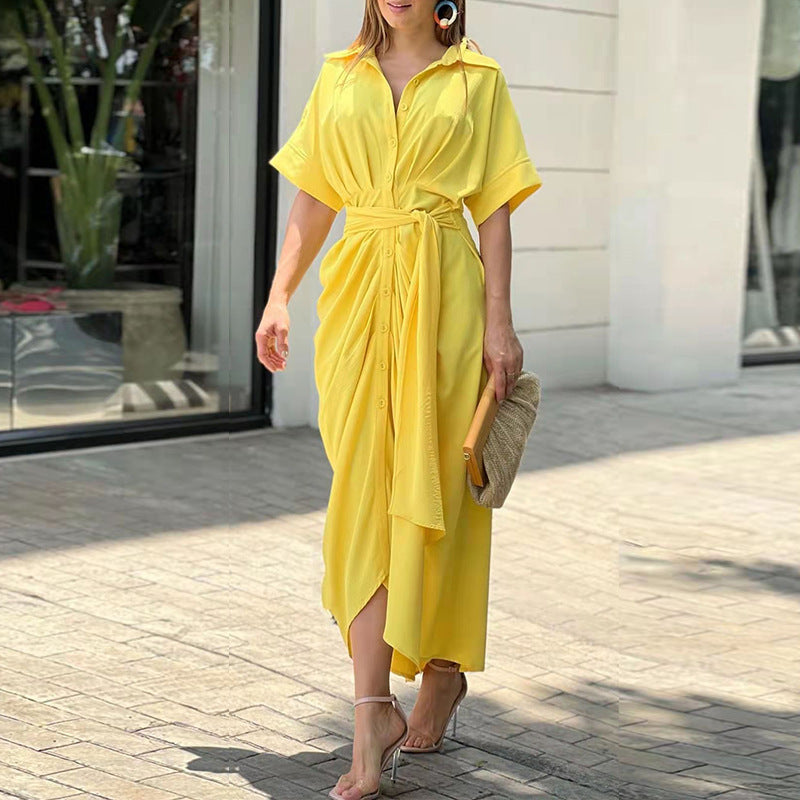 Hazel | Women's Tropical Print Shirt Collar Tie Waist Midi Dress