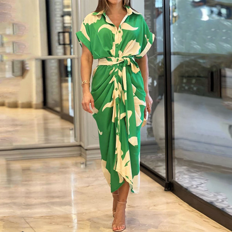 Hazel | Women's Tropical Print Shirt Collar Tie Waist Midi Dress