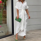 Hazel | Women's Tropical Print Shirt Collar Tie Waist Midi Dress