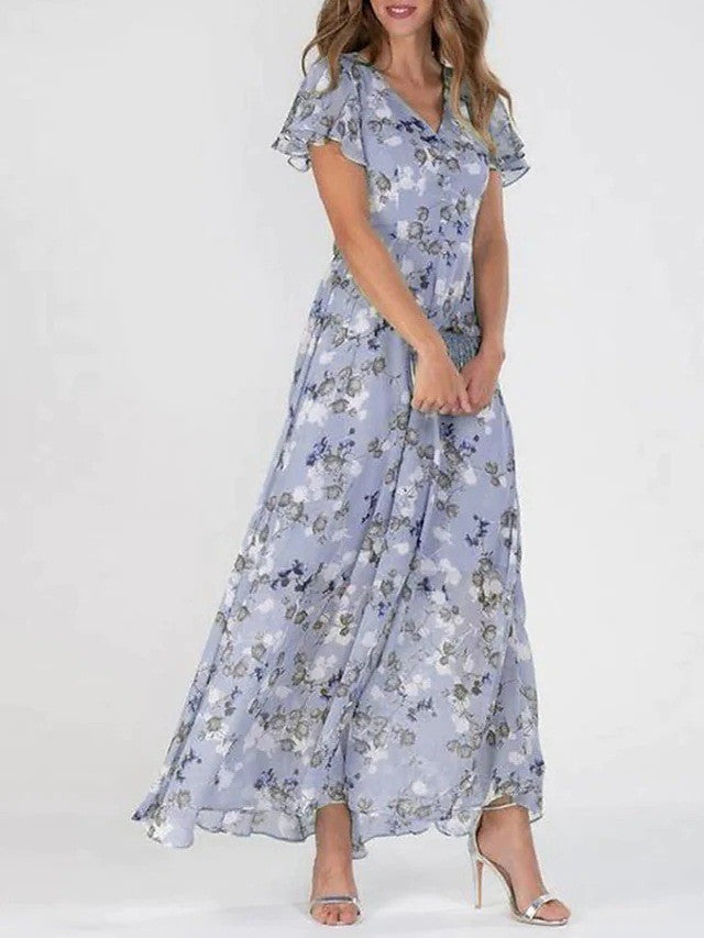 Hadwin | Women's Elegant Floral Flutter Sleeve Maxi Dress