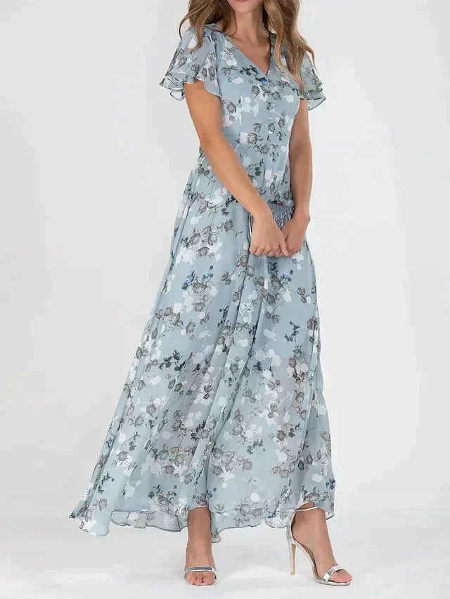 Hadwin | Women's Elegant Floral Flutter Sleeve Maxi Dress