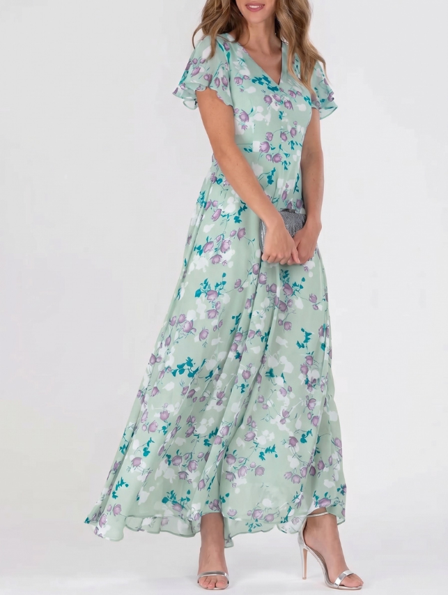Hadwin | Women's Elegant Floral Flutter Sleeve Maxi Dress