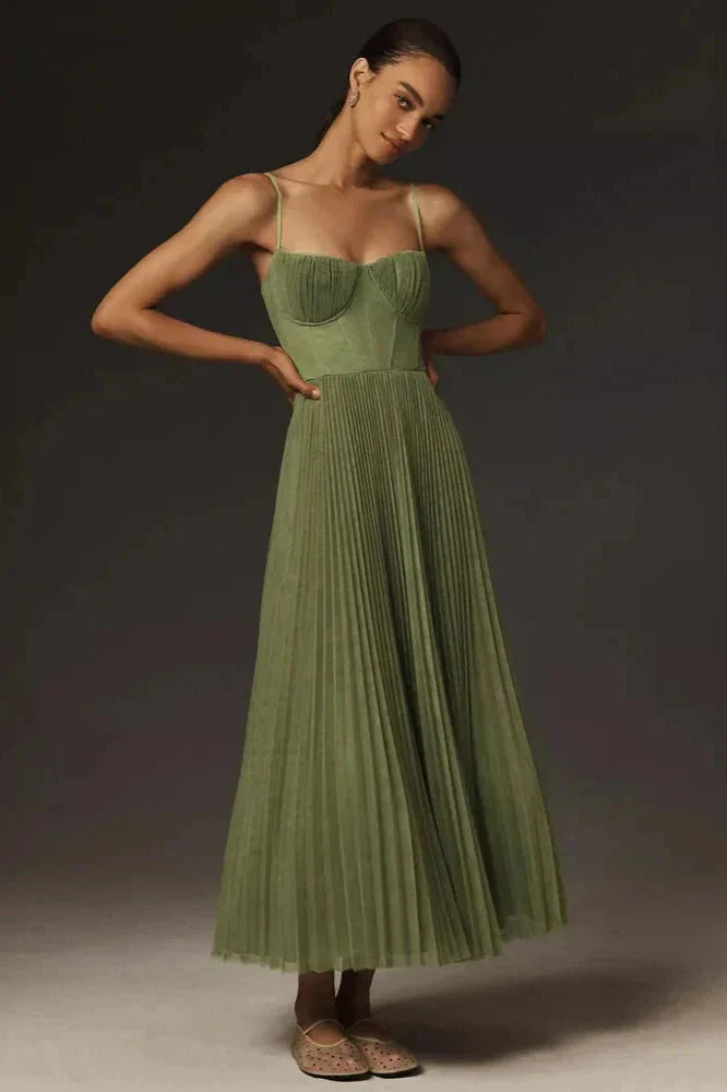 Bamara | Women's Spaghetti Strap Corset Pleated Midi Dress