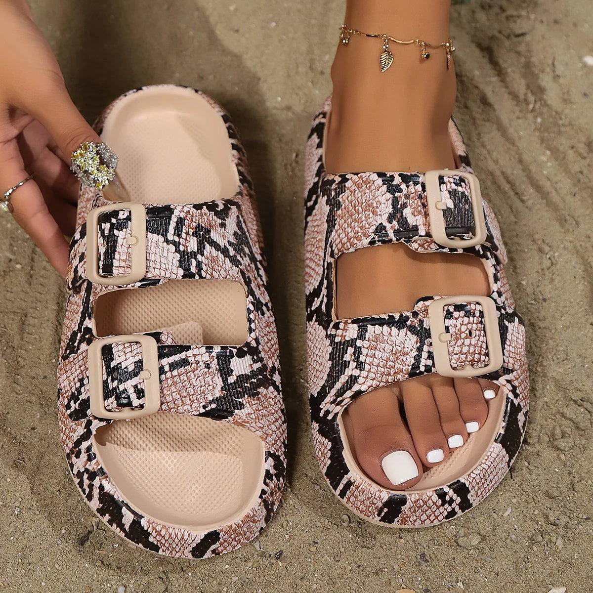 Marlowe | Women's Double Buckle Slides with Palm Print