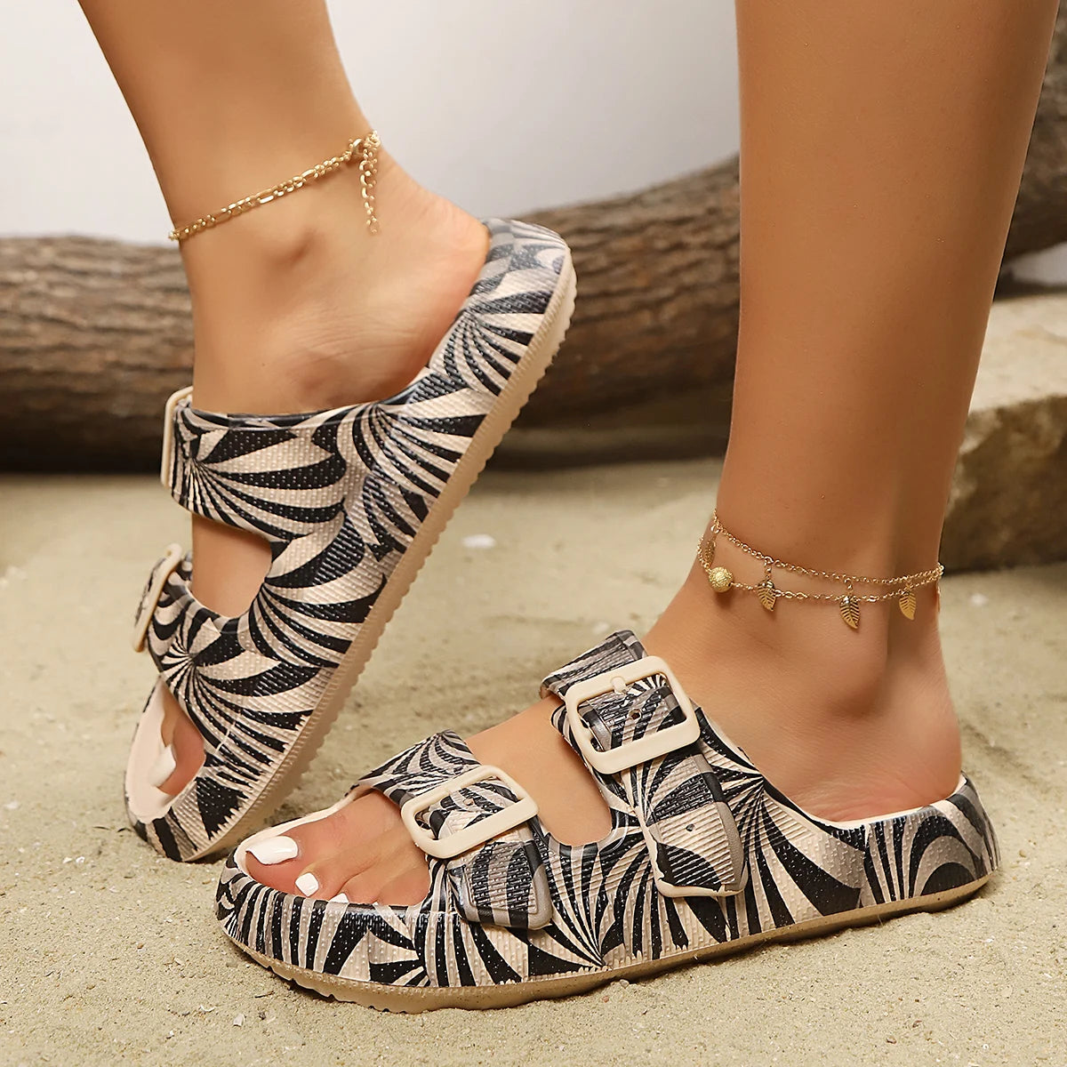 Marlowe | Women's Double Buckle Slides with Palm Print
