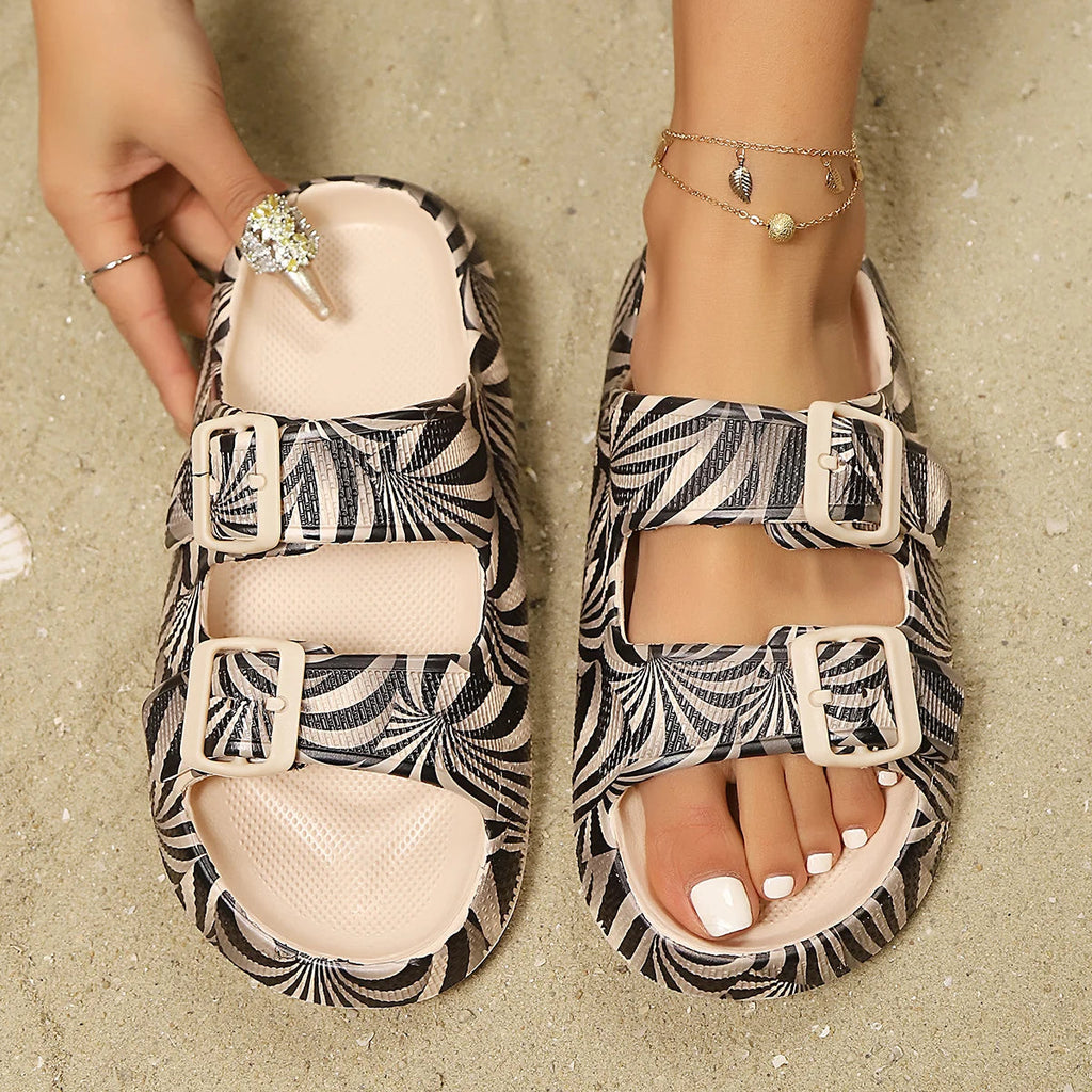 Marlowe | Women's Double Buckle Slides with Palm Print