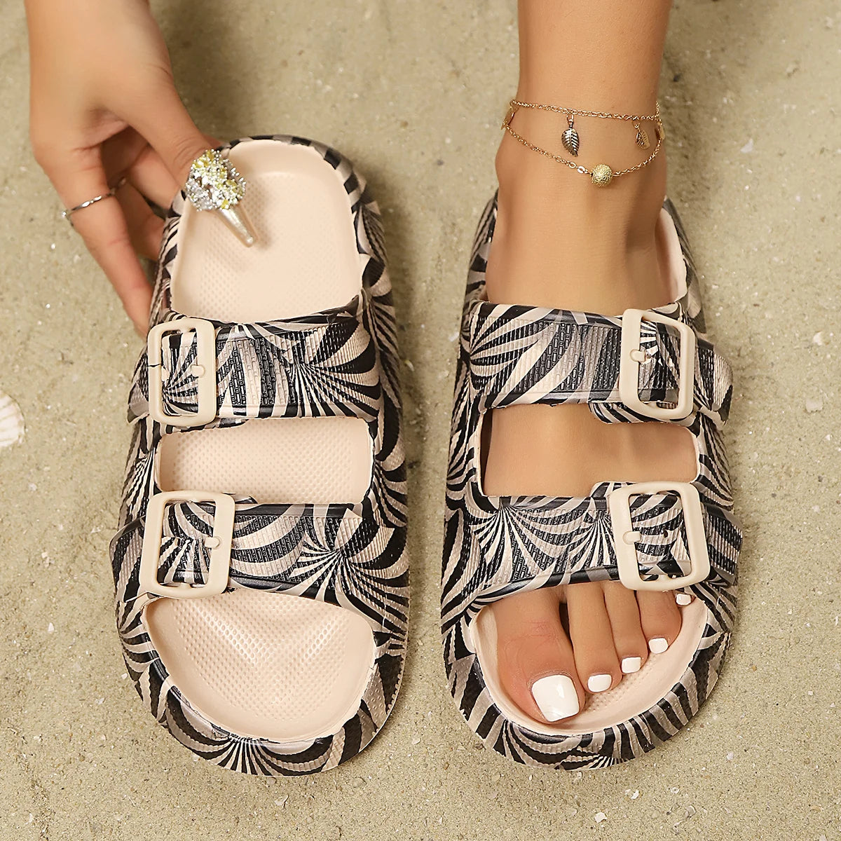 Marlowe | Women's Double Buckle Slides with Palm Print