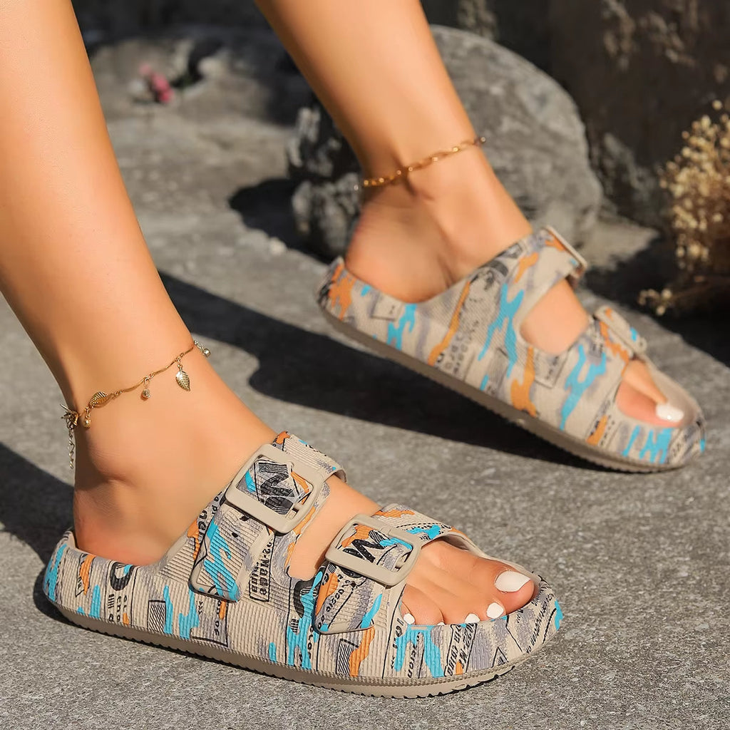 Marlowe | Women's Double Buckle Slides with Palm Print