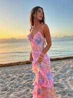 Cherry | Women's Floral Ruffle Spaghetti Strap Maxi Sundress