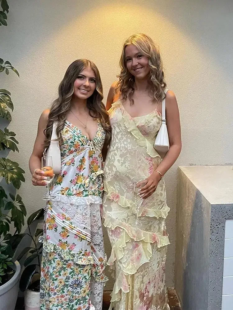 Cherry | Women's Floral Ruffle Spaghetti Strap Maxi Sundress