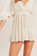 Estelle | Women's Boho Lace V-Neck Button Front Mini Dress