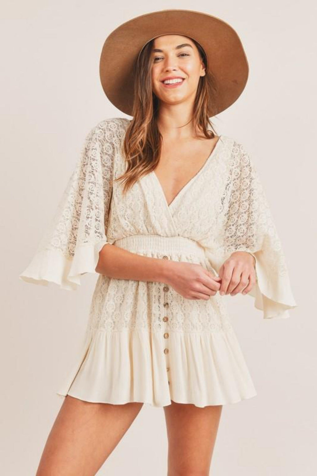Estelle | Women's Boho Lace V-Neck Button Front Mini Dress
