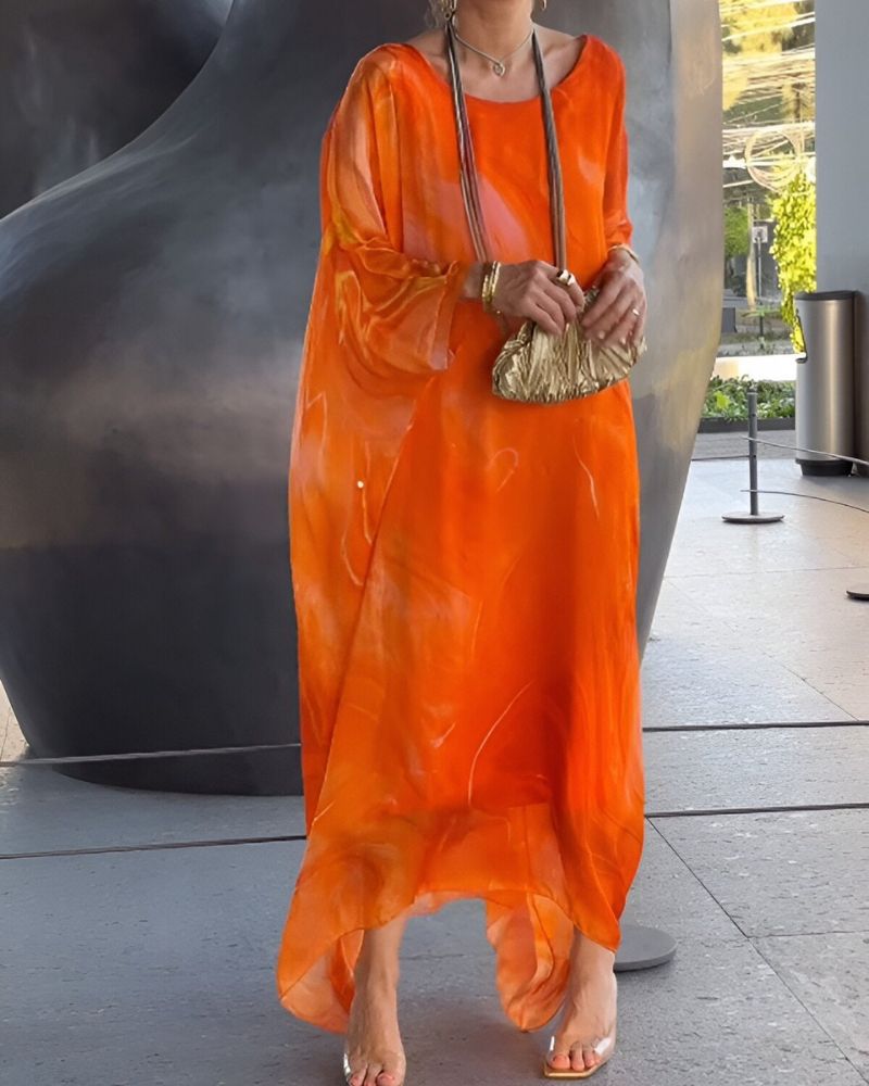 Zenobia | Women's Marble Print Loose Fit Long Sleeve Maxi Dress