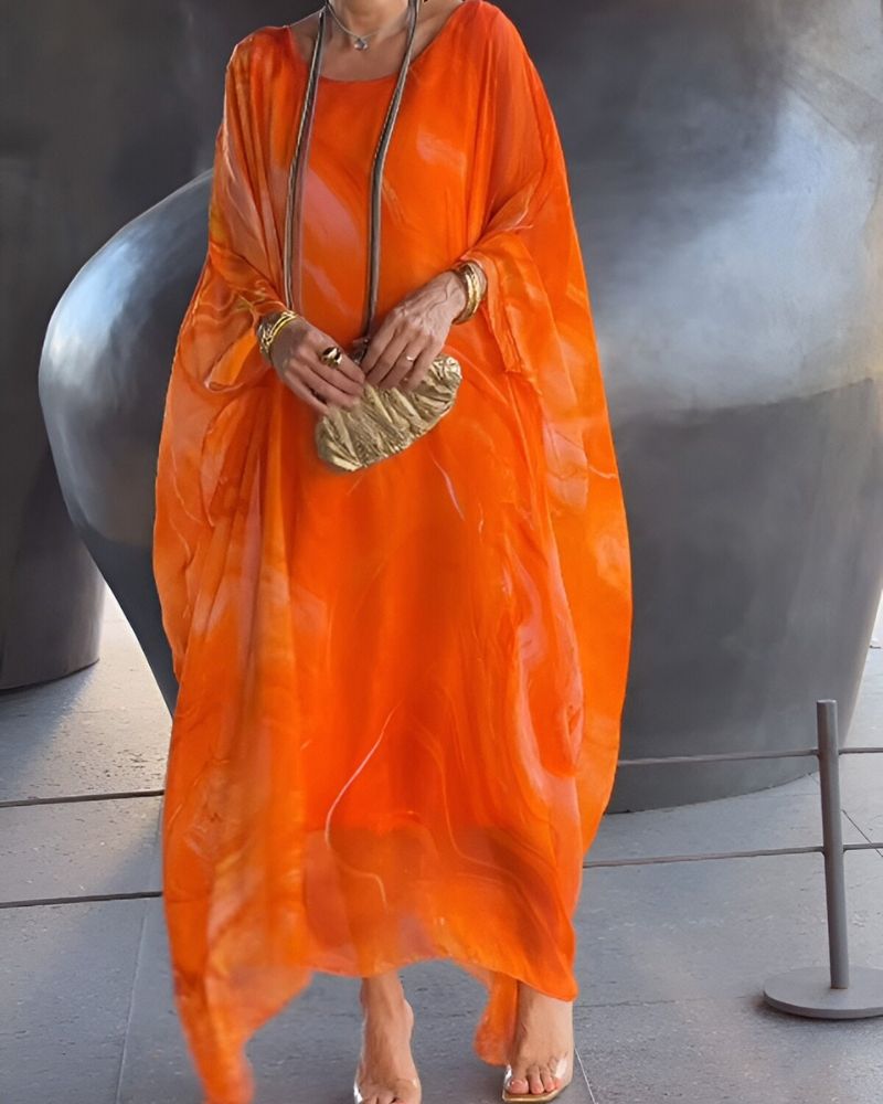 Zenobia | Women's Marble Print Loose Fit Long Sleeve Maxi Dress