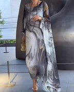 Zenobia | Women's Marble Print Loose Fit Long Sleeve Maxi Dress