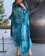 Zenobia | Women's Marble Print Loose Fit Long Sleeve Maxi Dress