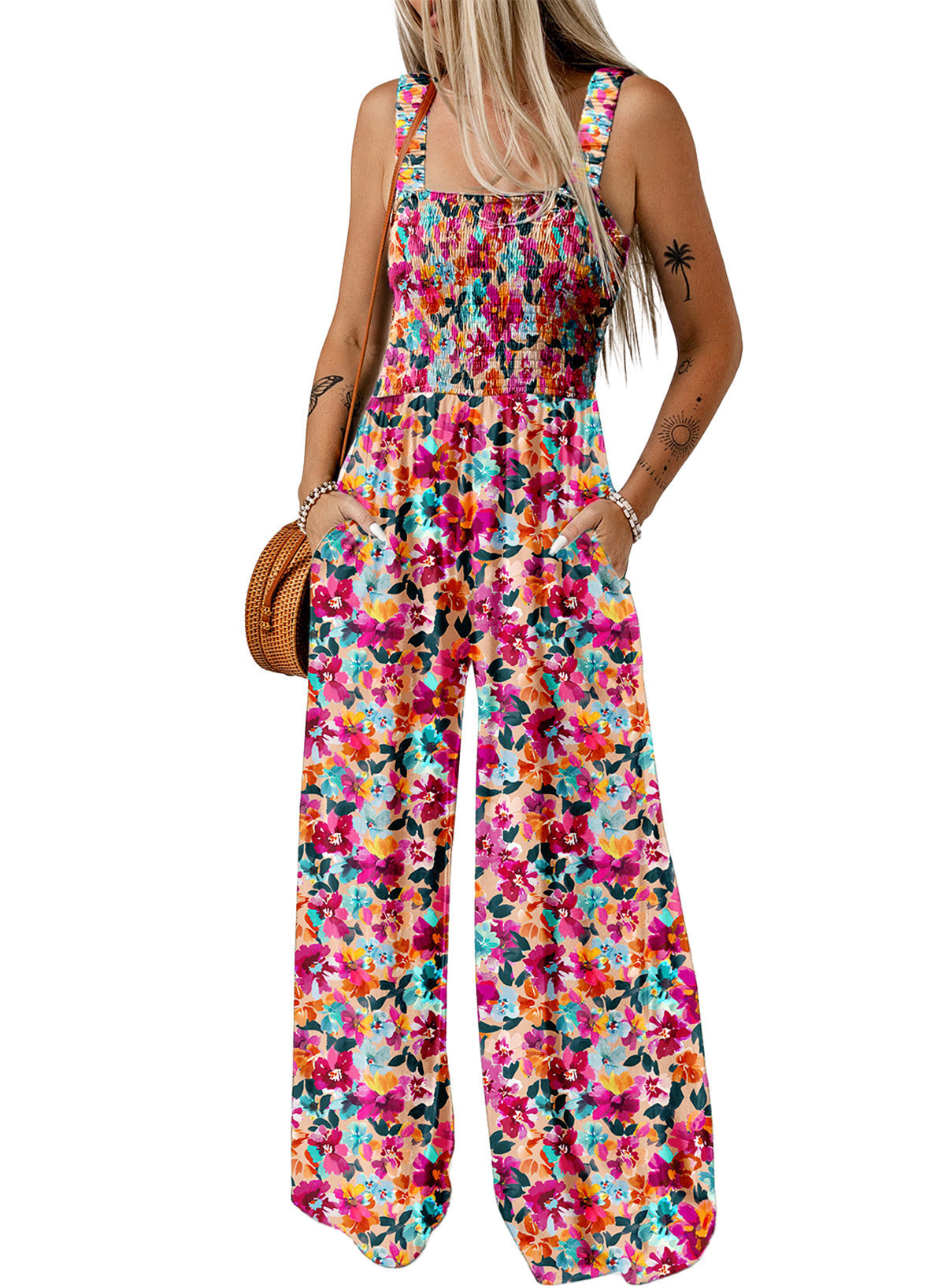 Giselle | Women's Floral Smocked Square Neck Wide Leg Jumpsuit
