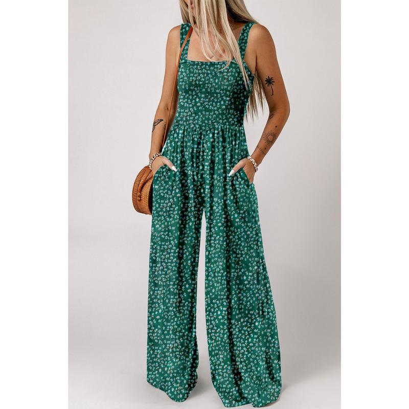 Giselle | Women's Floral Smocked Square Neck Wide Leg Jumpsuit