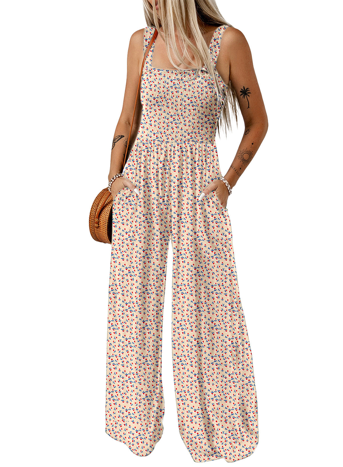 Giselle | Women's Floral Smocked Square Neck Wide Leg Jumpsuit