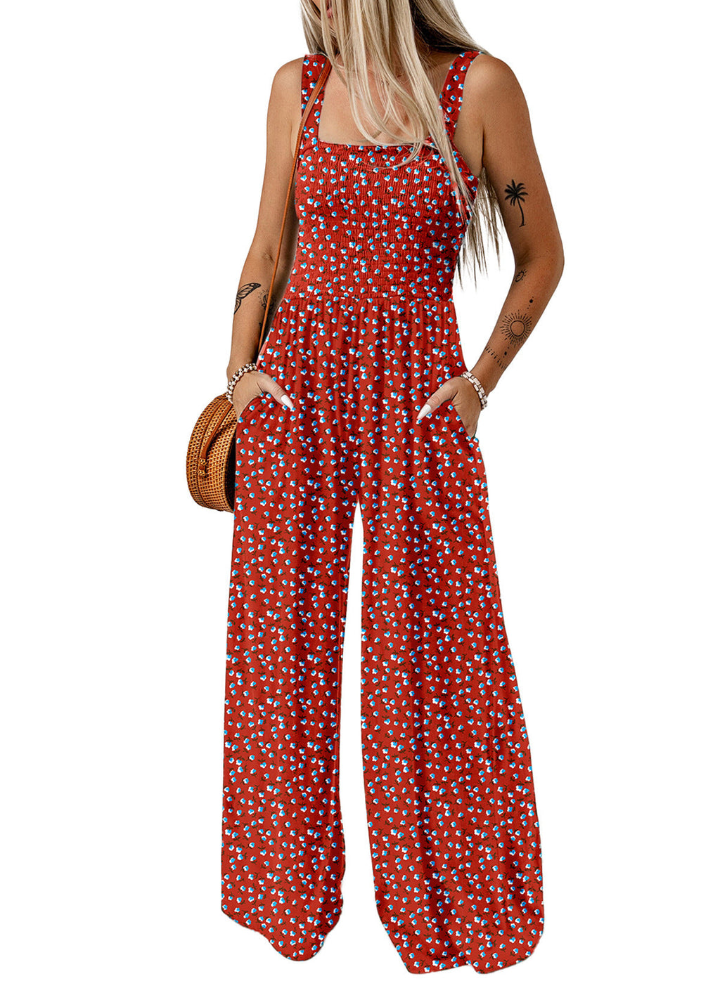 Giselle | Women's Floral Smocked Square Neck Wide Leg Jumpsuit