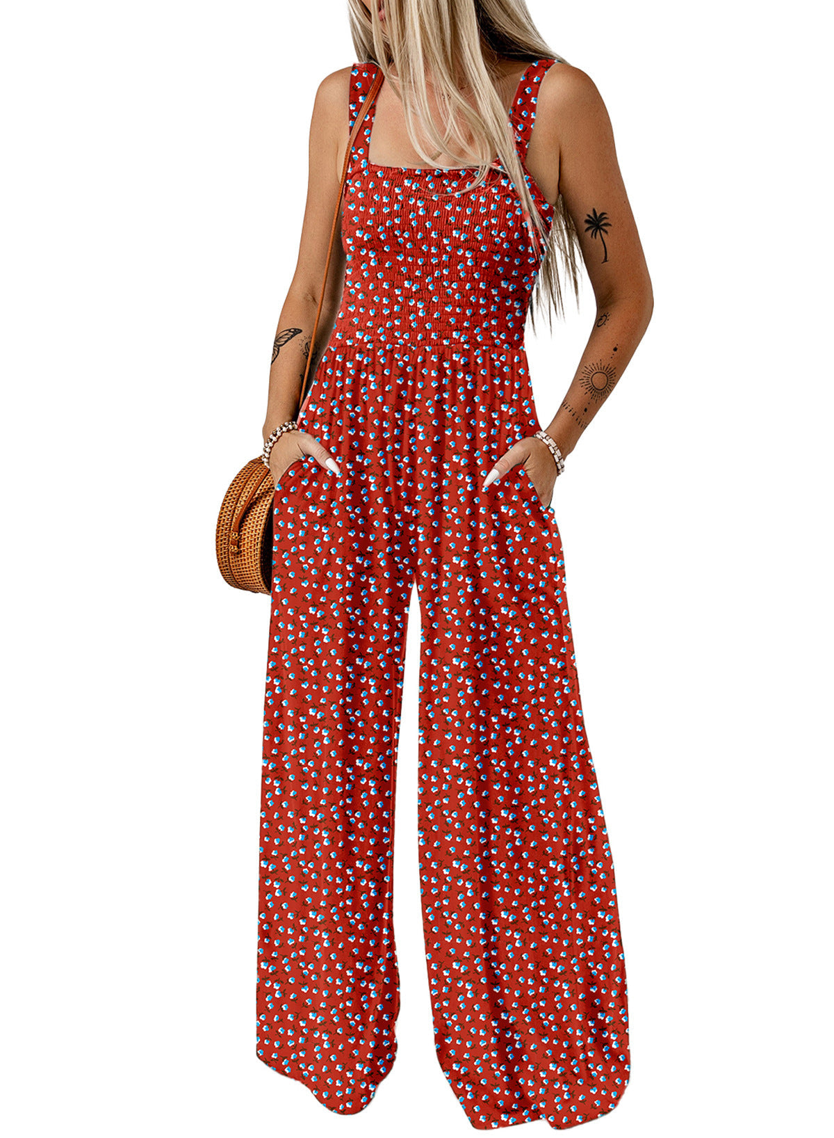 Giselle | Women's Floral Smocked Square Neck Wide Leg Jumpsuit
