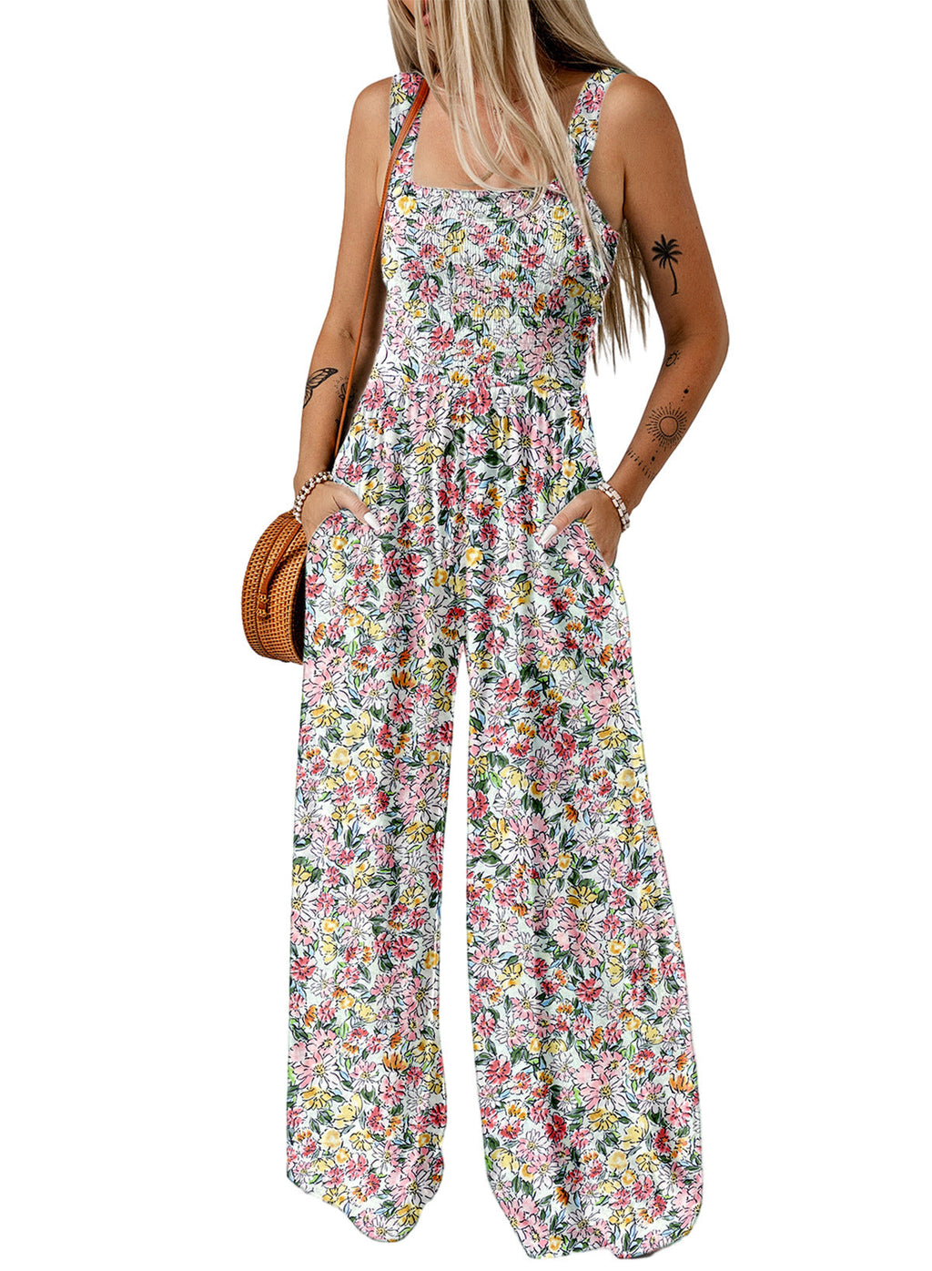 Giselle | Women's Floral Smocked Square Neck Wide Leg Jumpsuit