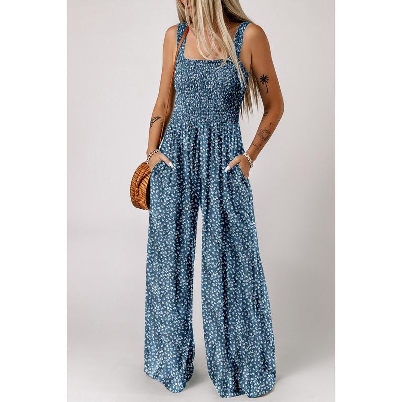 Giselle | Women's Floral Smocked Square Neck Wide Leg Jumpsuit