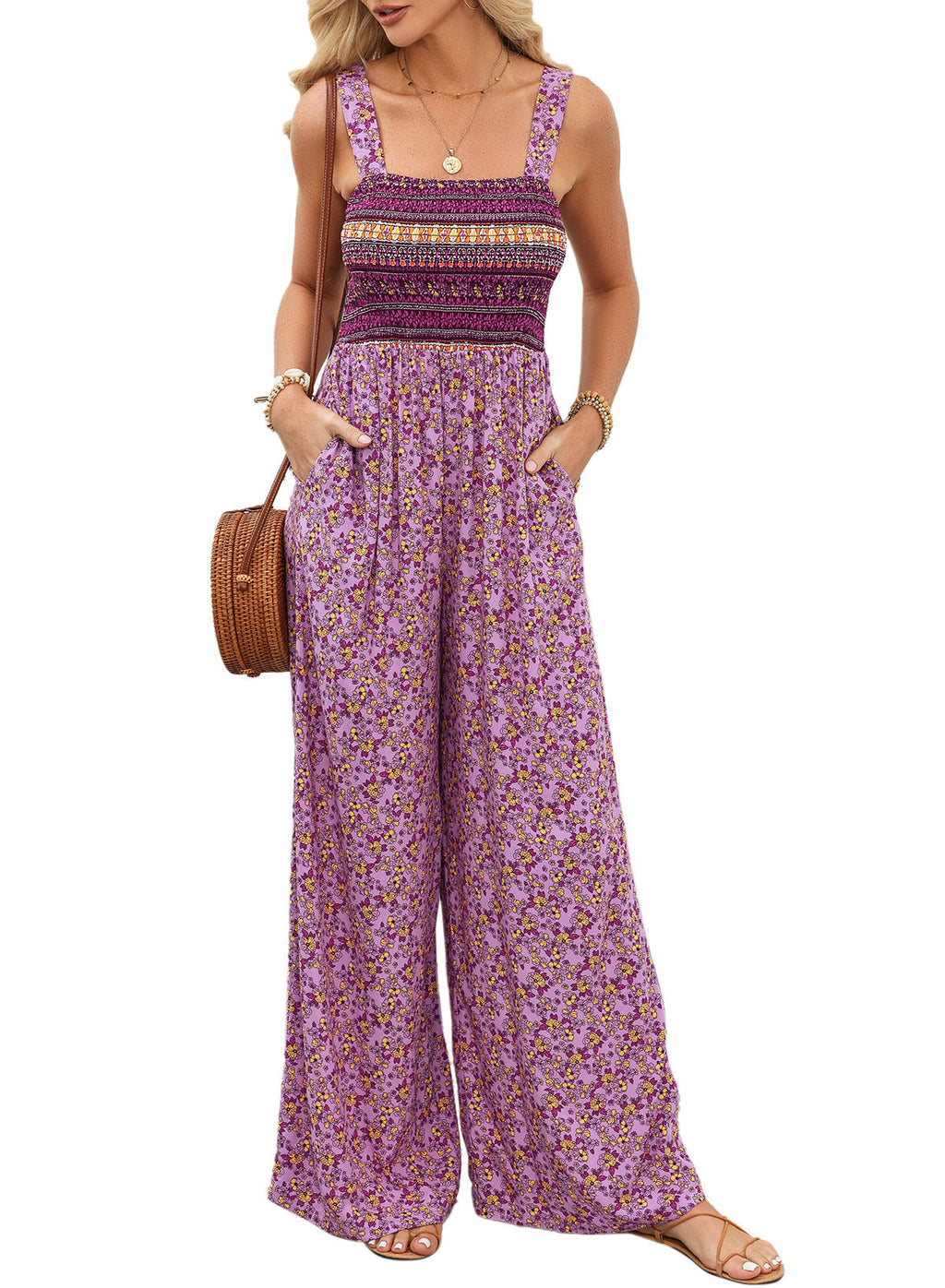 Giselle | Women's Floral Smocked Square Neck Wide Leg Jumpsuit
