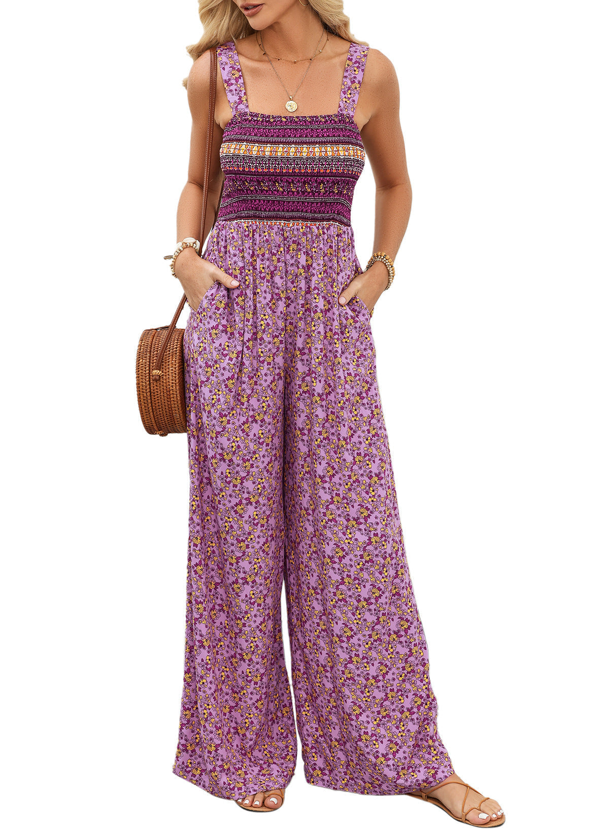 Giselle | Women's Floral Smocked Square Neck Wide Leg Jumpsuit