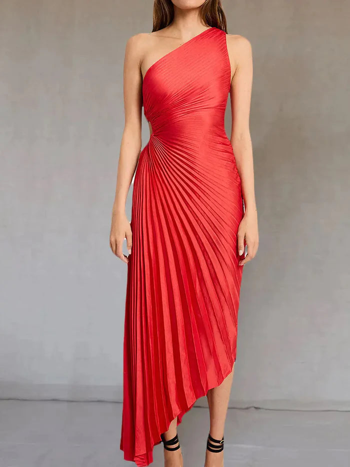 Lorinda | Women's Pleated One Shoulder Midi Dress