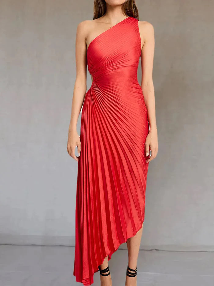 Lorinda | Women's Pleated One Shoulder Midi Dress