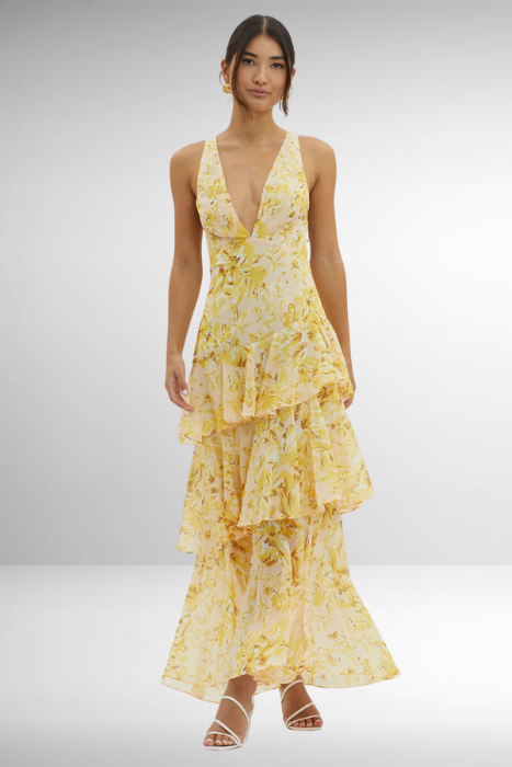 Lourdes | Women's Floral Tiered Ruffle V-Neck Maxi Dress