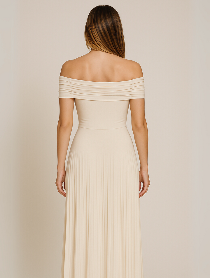 Crispin | Women's Elegant Off-Shoulder Pleated Maxi Dress