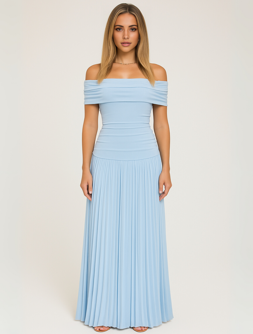 Crispin | Women's Elegant Off-Shoulder Pleated Maxi Dress