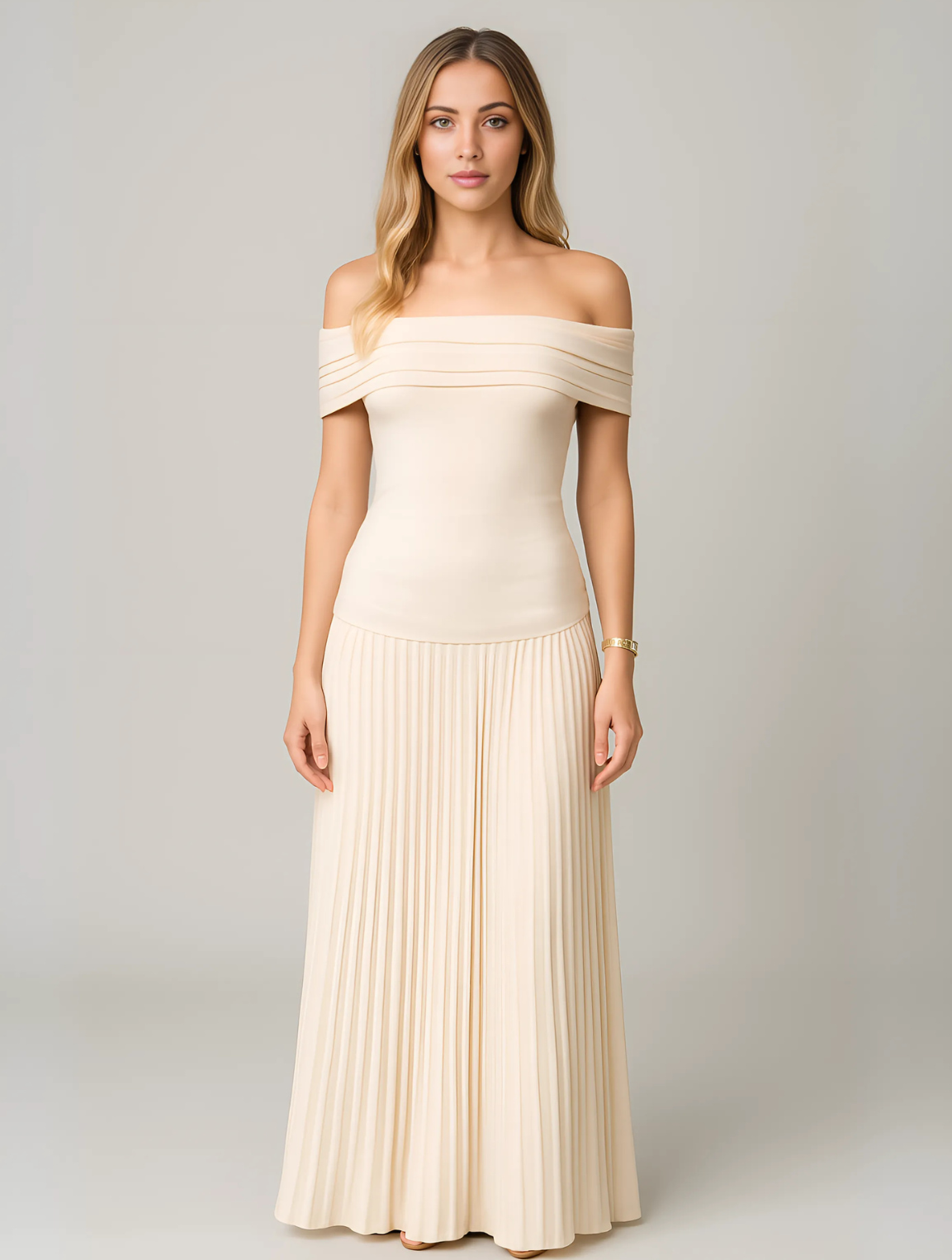 Crispin | Women's Elegant Off-Shoulder Pleated Maxi Dress
