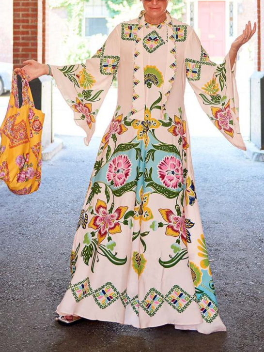 Dorothy | Women's Bold Floral Print Long Sleeve Kaftan Maxi Dress