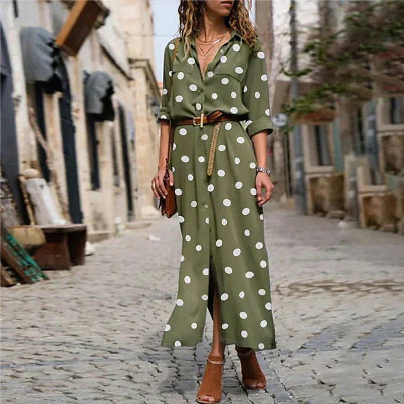 Zephira | Women's Polka Dot Long Sleeve Button-Down Maxi Dress