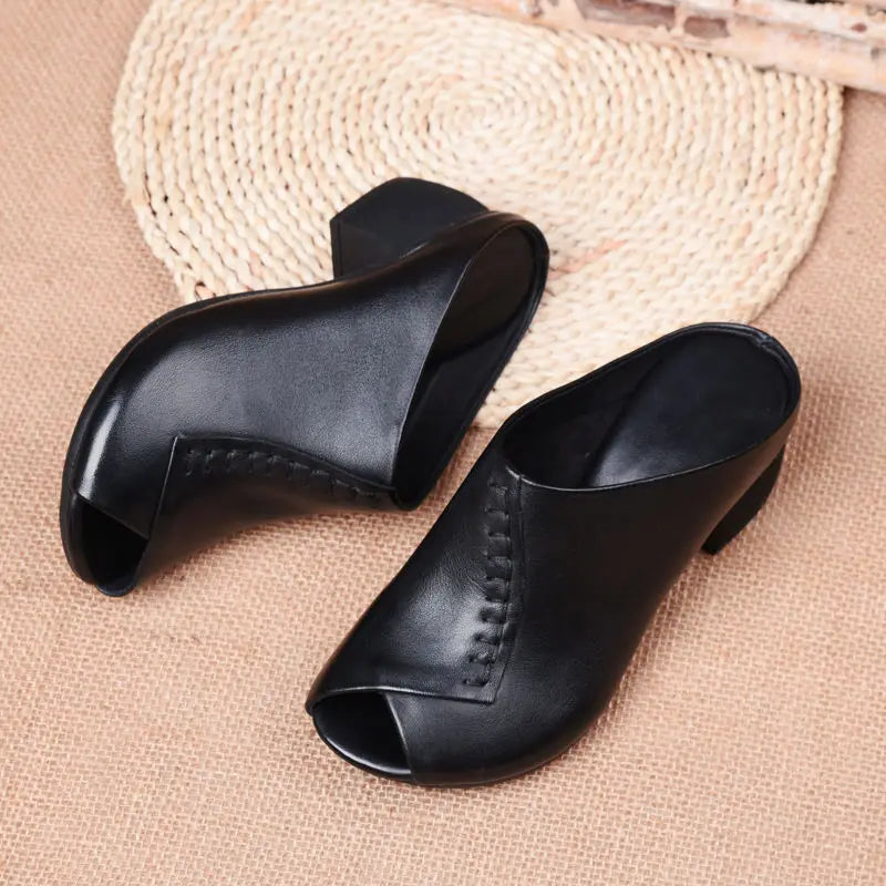 Oleanna | Women's Peep Toe Block Heel Mule Sandals