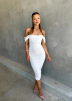 Ianthe | Women's Off Shoulder Ruched Bodycon Midi Dress